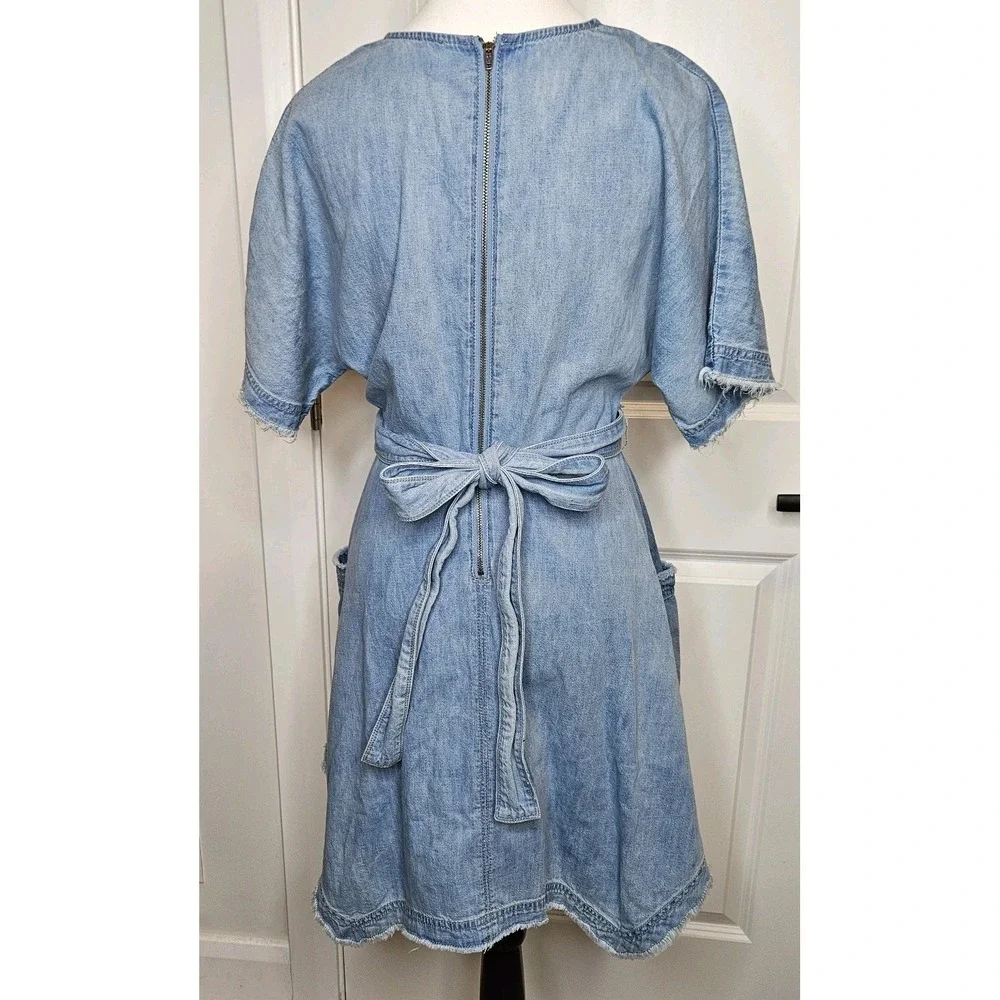 Free People Denim Asymmetrical Hem Mini Dress Size 4 Belted Dolman Sleeve Deep V